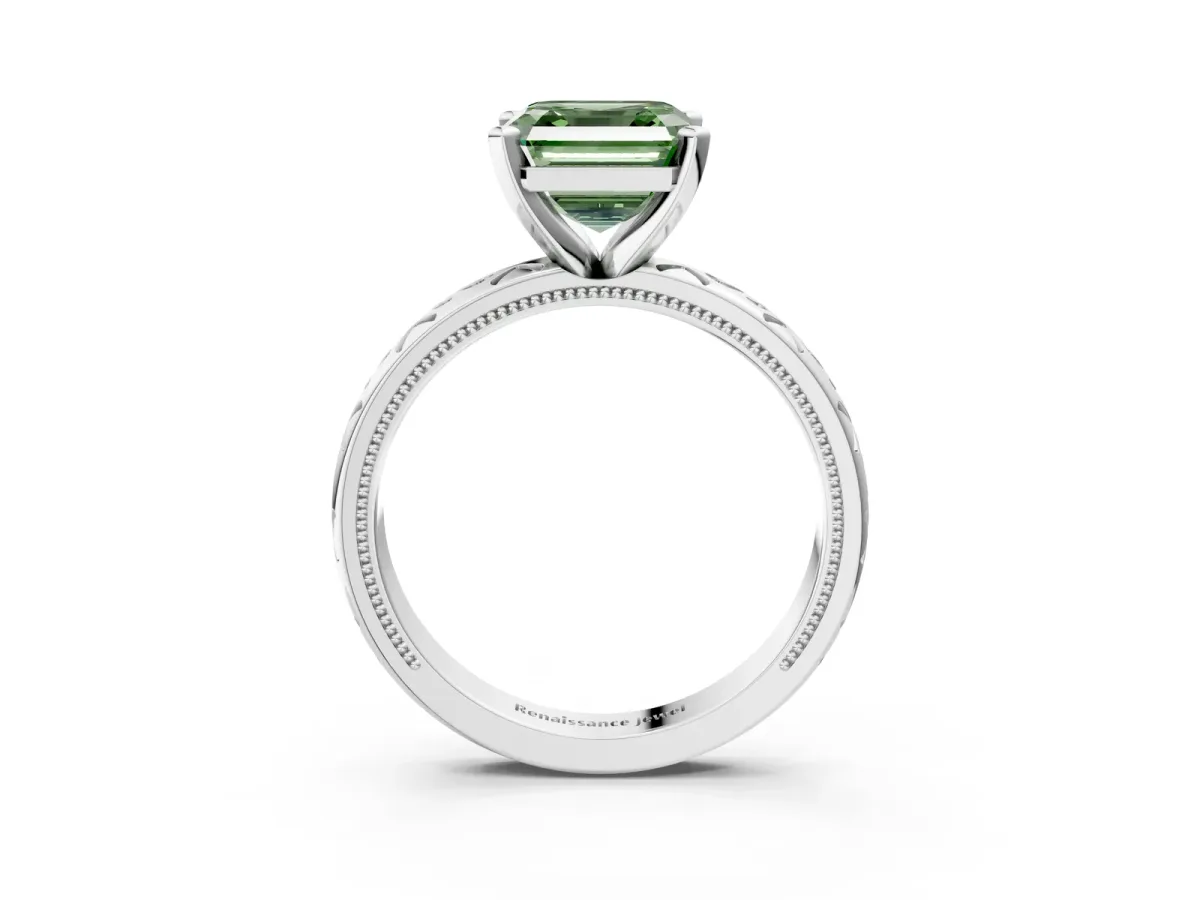Fancy Green Asscher Cut Solitaire Engagement Ring with Scrollwork Band and Four-Prong Setting Platinum
