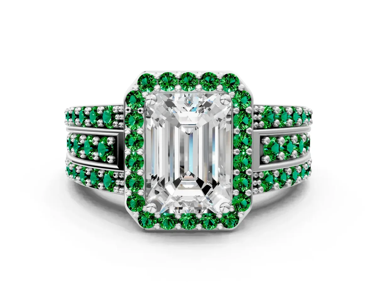 Emerald Cut Halo Diamond Ring with Round Emerald Split Shank and Prong Setting White gold