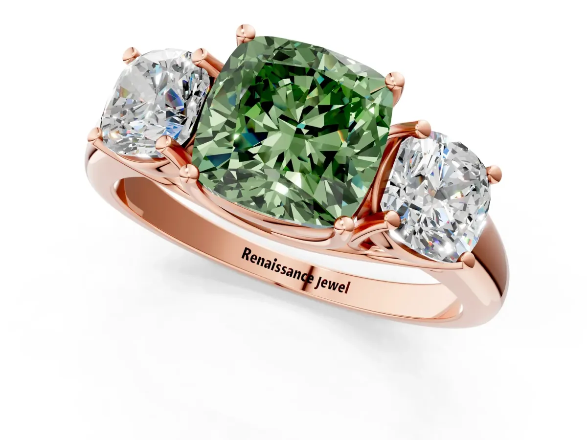 Fancy Green Three-Stone Cushion Cut Diamond Engagement Ring with Prong Setting Rose gold