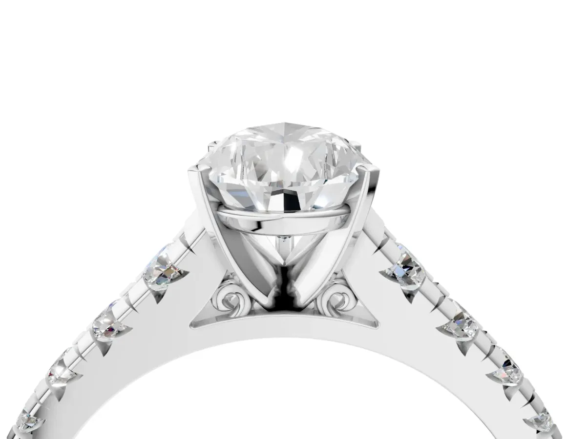 Pear Cut Diamond Cathedral Solitaire Ring with Round Pavé Band Platinum