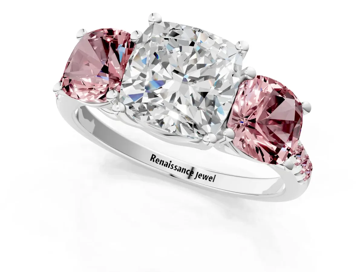 Three-Stone Cushion Cut Diamond Ring with Round Morganite Pavé Band and Prong Setting Silver