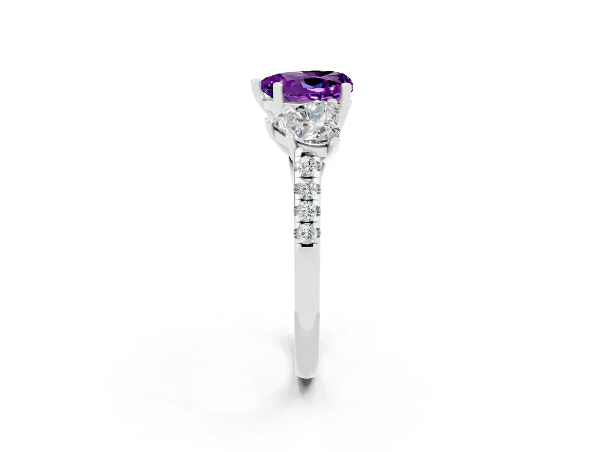 Three-Stone Heart Cut Amethyst Ring with Round Pavé Band and Prong Setting Silver