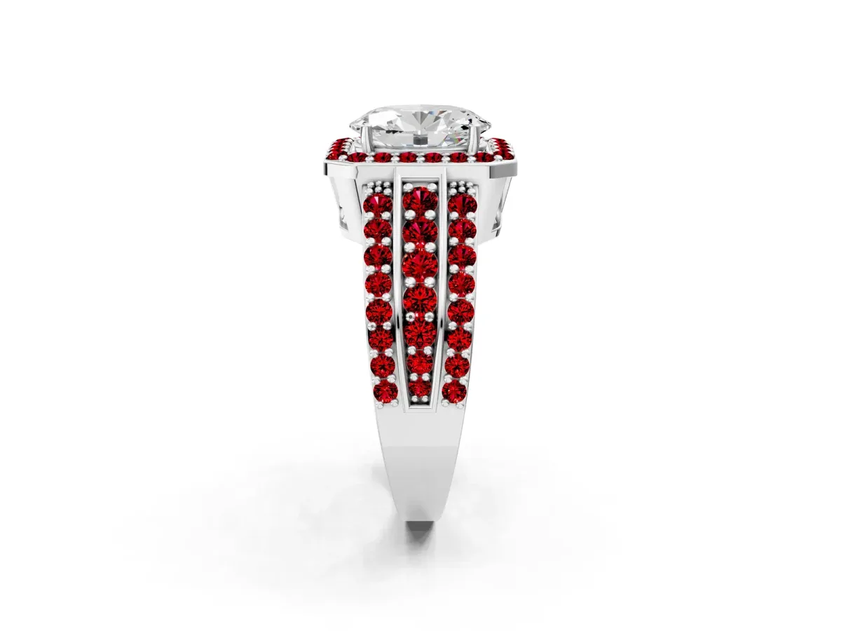Oval Cut Halo Diamond Ring with Round Ruby Split Shank and Prong Setting Platinum