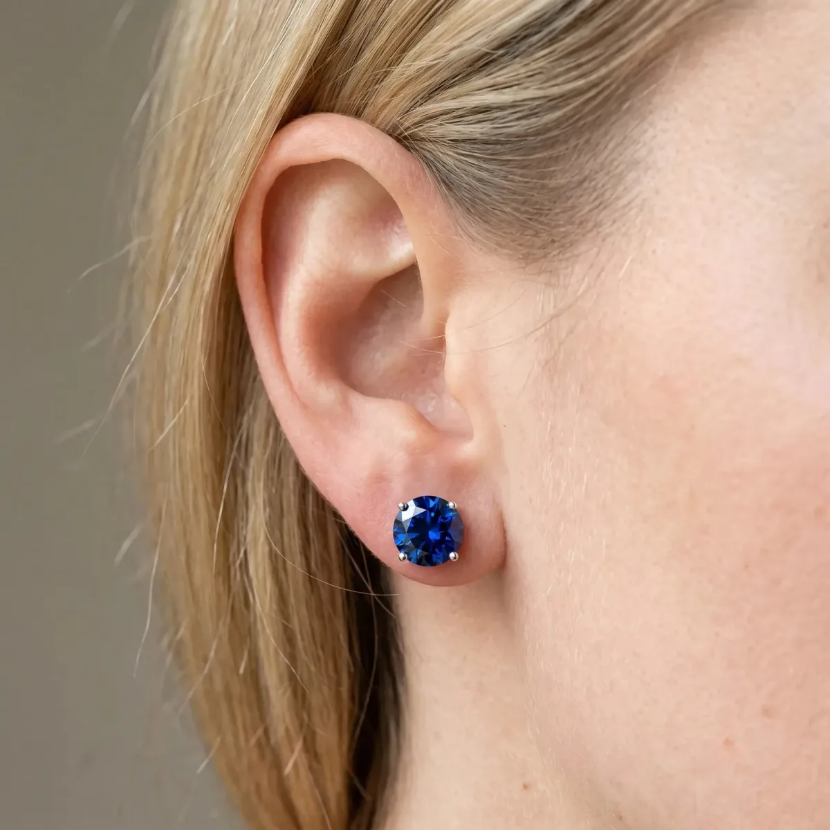 Round Cut Blue Sapphire Stud Earrings Silver