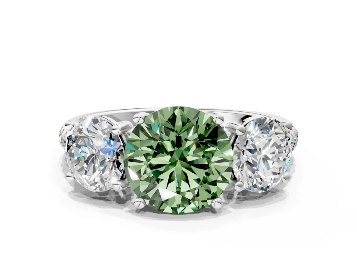 Fancy Green Three-Stone Round Cut Diamond Ring with Round Pavé Band and Prong Setting Silver