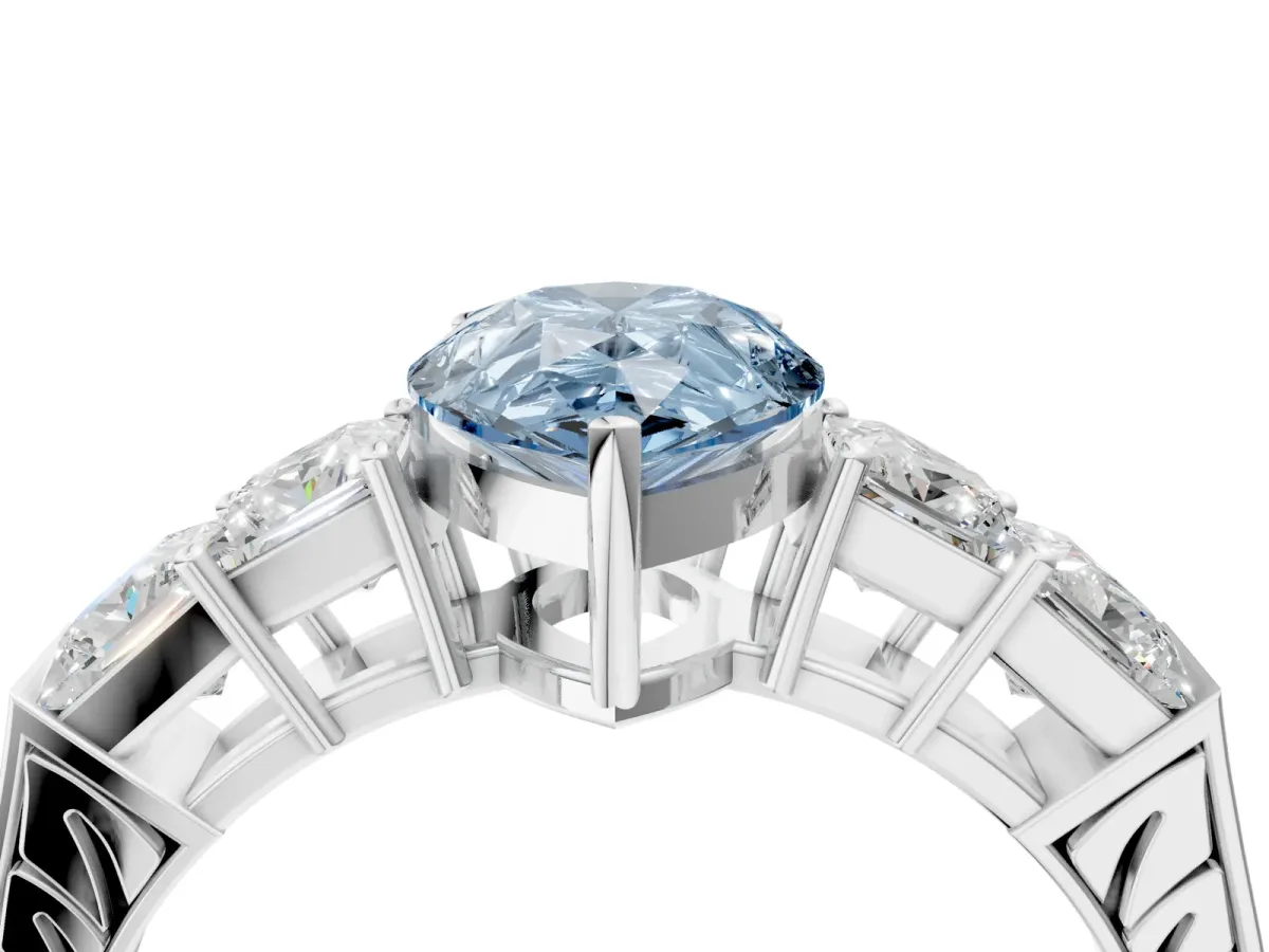 Fancy Blue Pear Cut Solitaire Princess Side Stone Engraved Band Prong Setting Ring Platinum