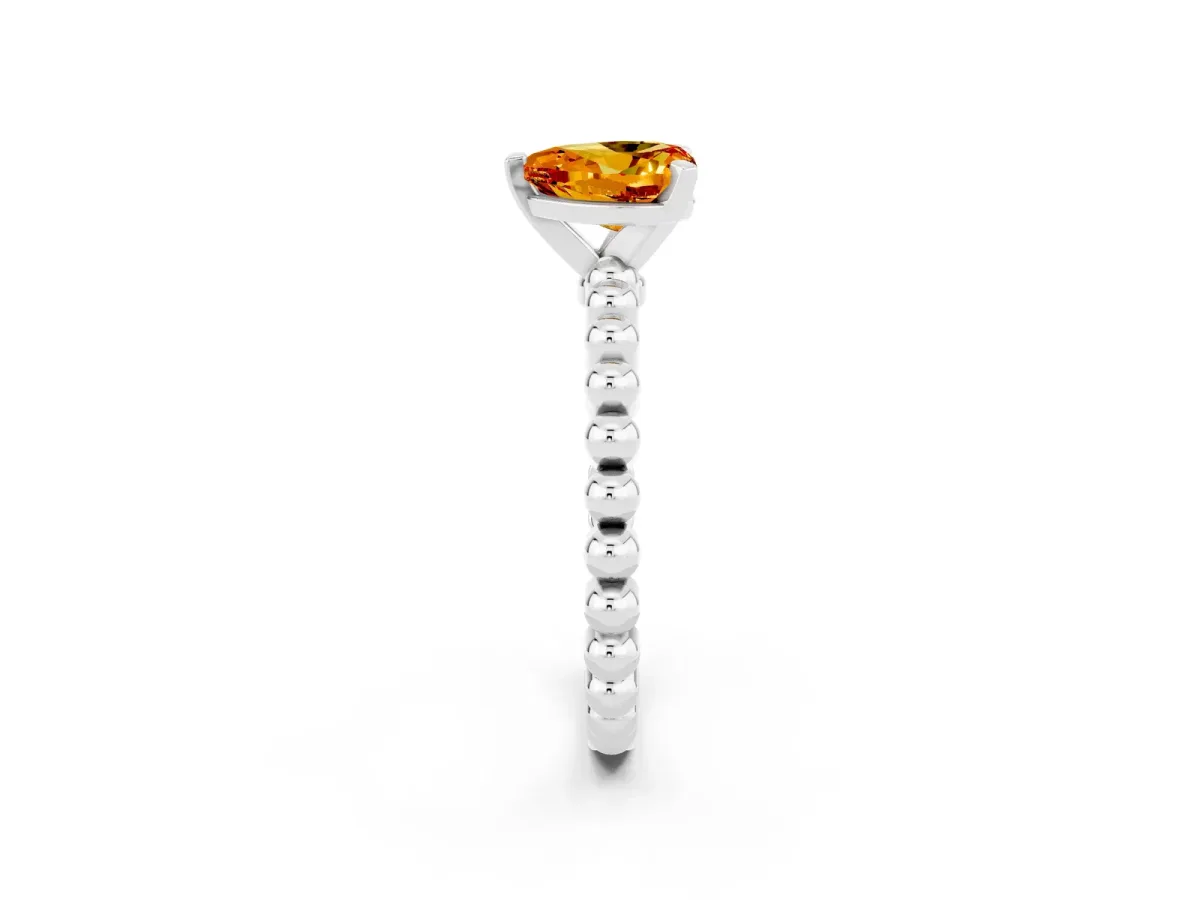Heart Cut Citrine Solitaire Ring with Beaded Band and Prong Setting Silver