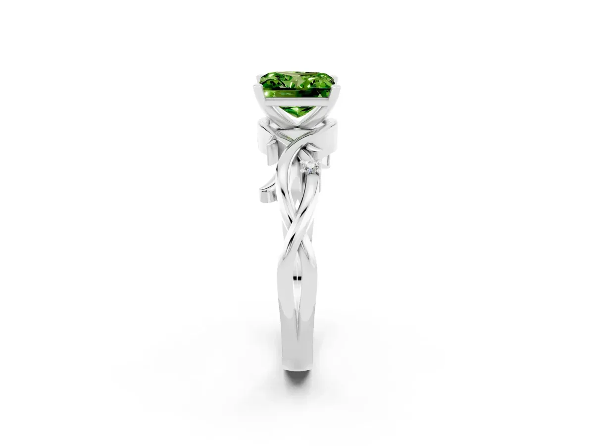 Princess Cut Peridot Solitaire Ring with Twisted Band and Prong Setting Platinum