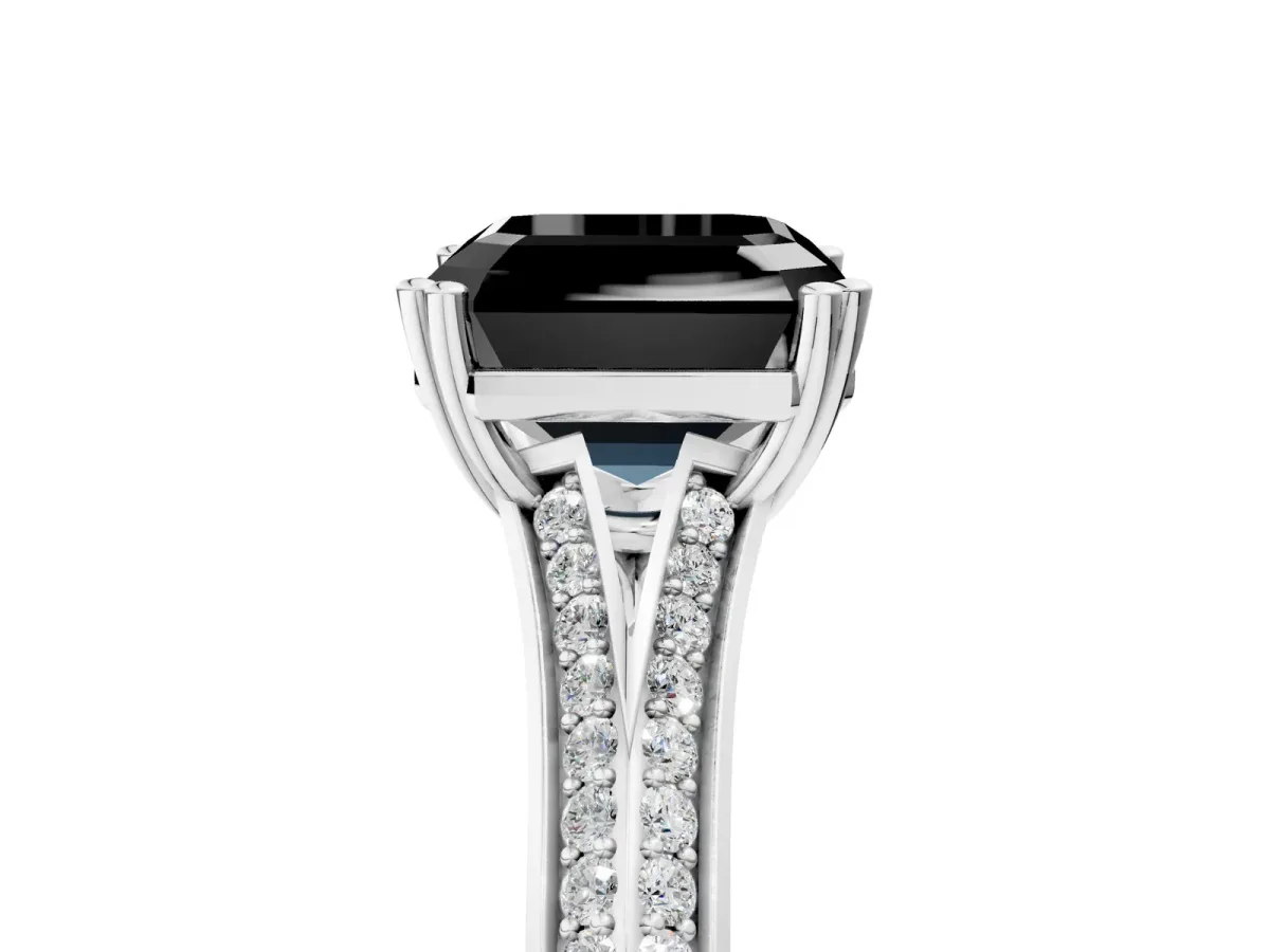 Fancy Black Asscher Cut Diamond Split Shank Engagement Ring with Pavé Band Platinum