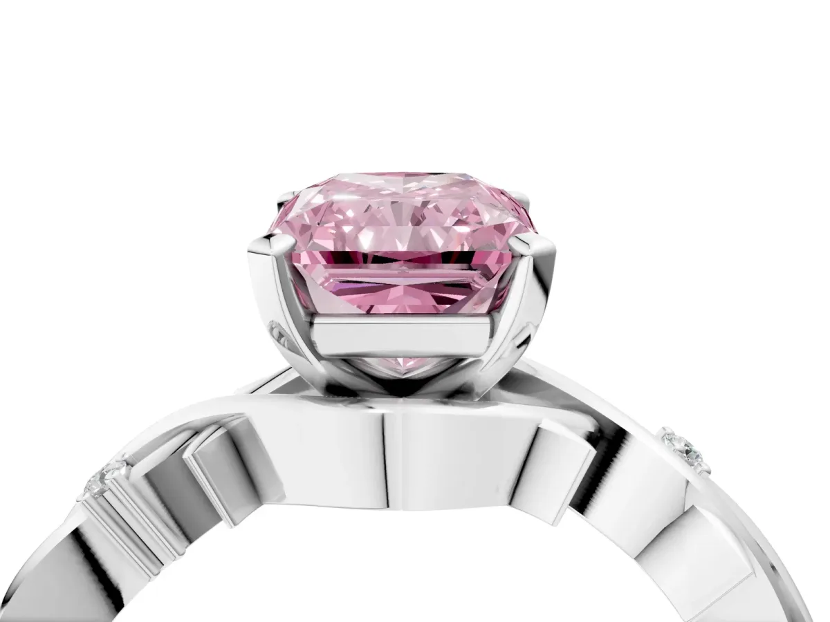 Fancy Pink Radiant Cut Diamond Solitaire Ring with Twisted Band and Prong Setting Platinum