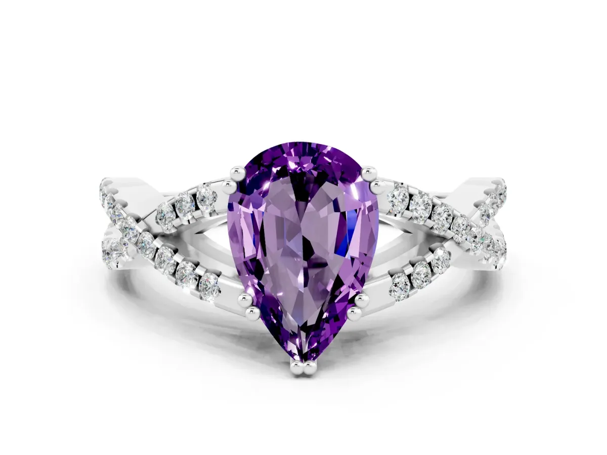 Pear Cut Amethyst Solitaire Ring with Four-Prong Setting and Twisted Pavé Band Platinum