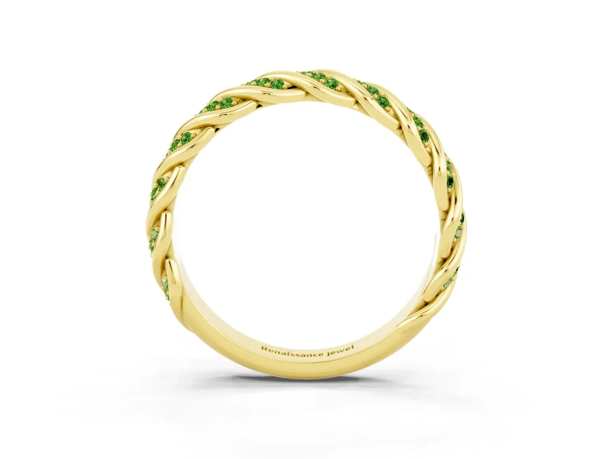 Twisted Pavé Round Peridot Eternity Band with Shared Prong Setting Yellow gold