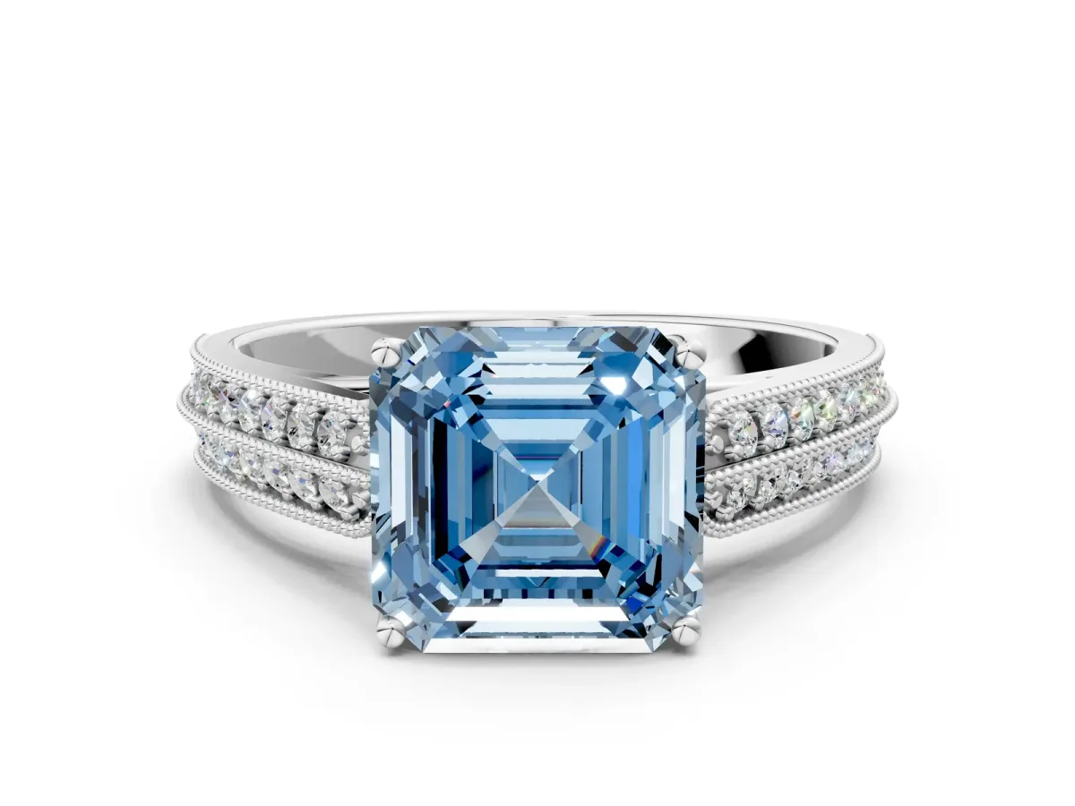 Fancy Blue Asscher Cut Cut Pave Split Shank Engagement Ring with Four-Prong Setting Platinum