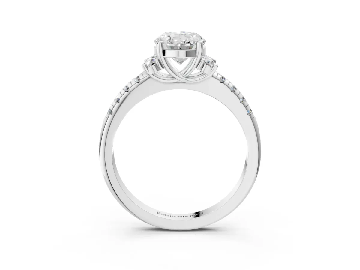 Oval Cut Diamond Three-Stone Pave Band with Four-Prong Setting Silver