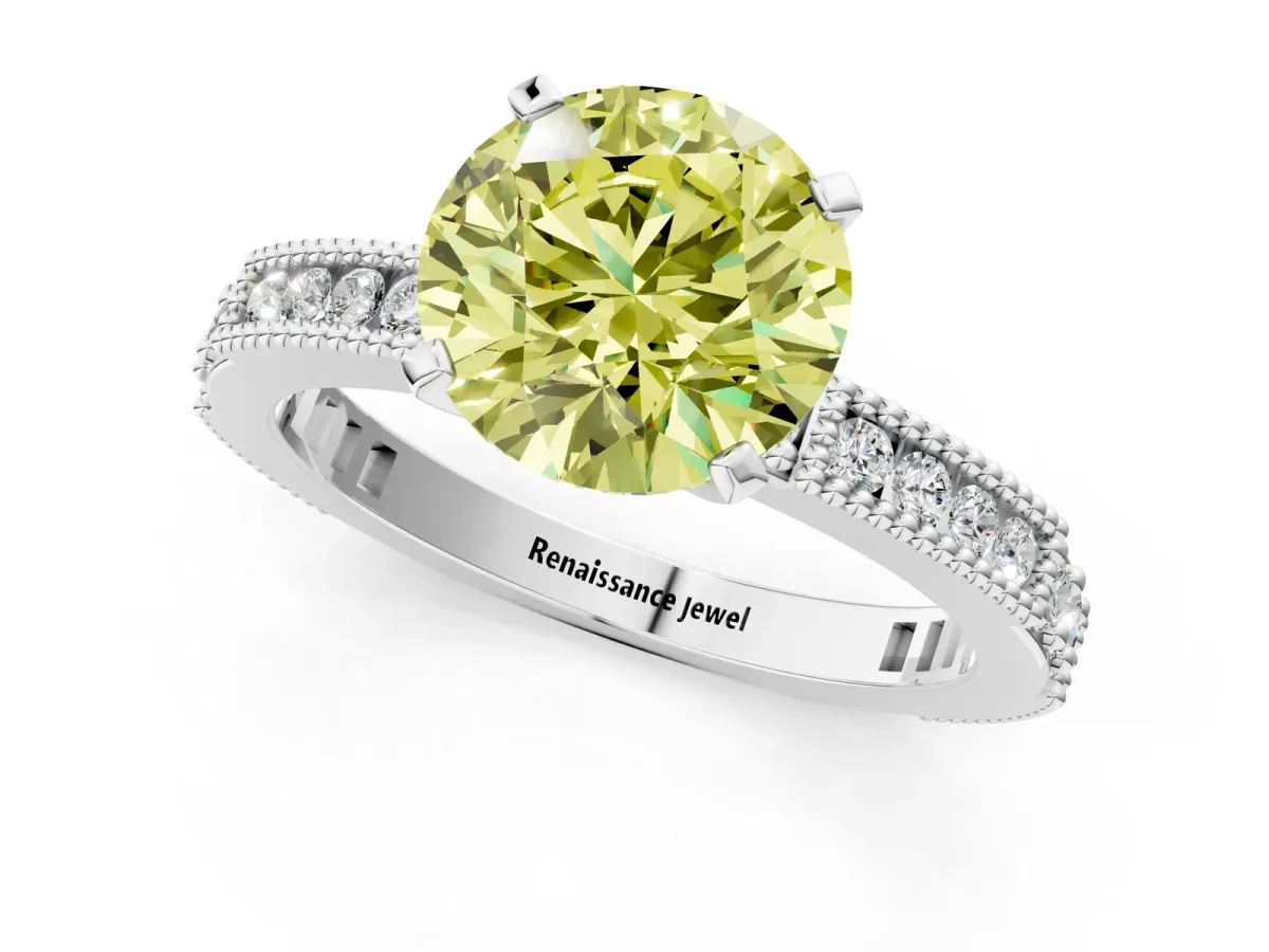 Fancy Yellow Round Cut Solitaire with Pavé Band and Four-Prong Setting Platinum