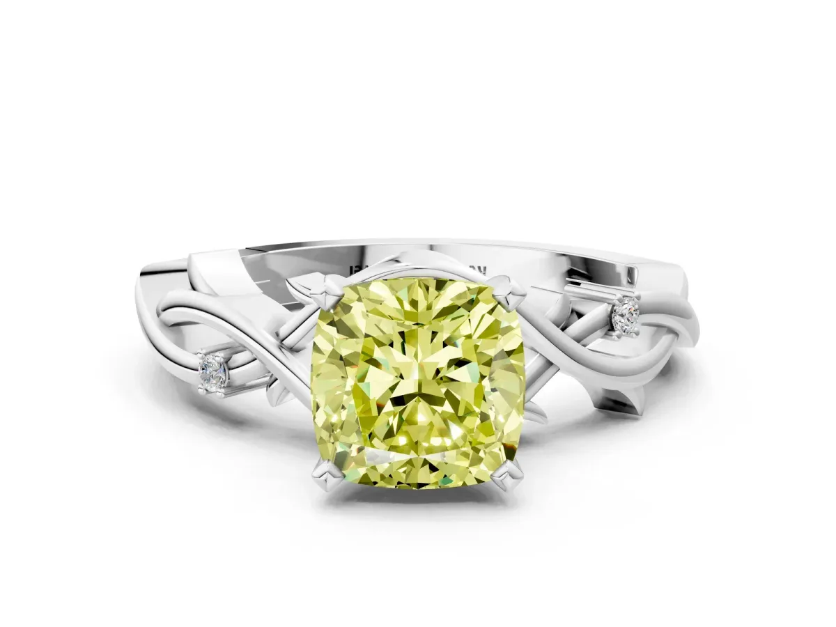 Fancy Yellow Cushion Cut Diamond Solitaire Ring with Twisted Band and Prong Setting Platinum