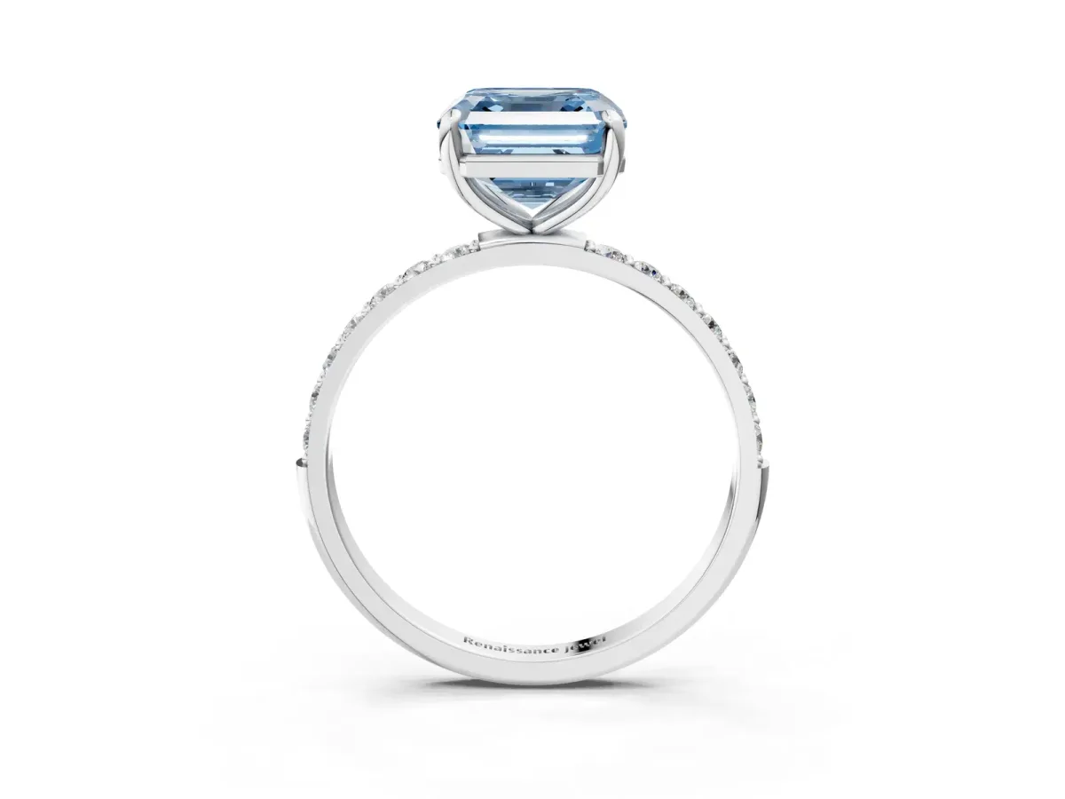 Fancy Blue Asscher Cut Diamond Solitaire Ring with Round Pavé Band and Prong Setting Platinum