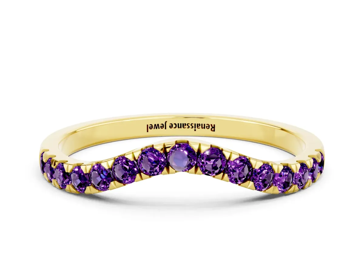 Curved Pavé Round Amethyst Wedding Band with Shared Prong Setting Yellow gold