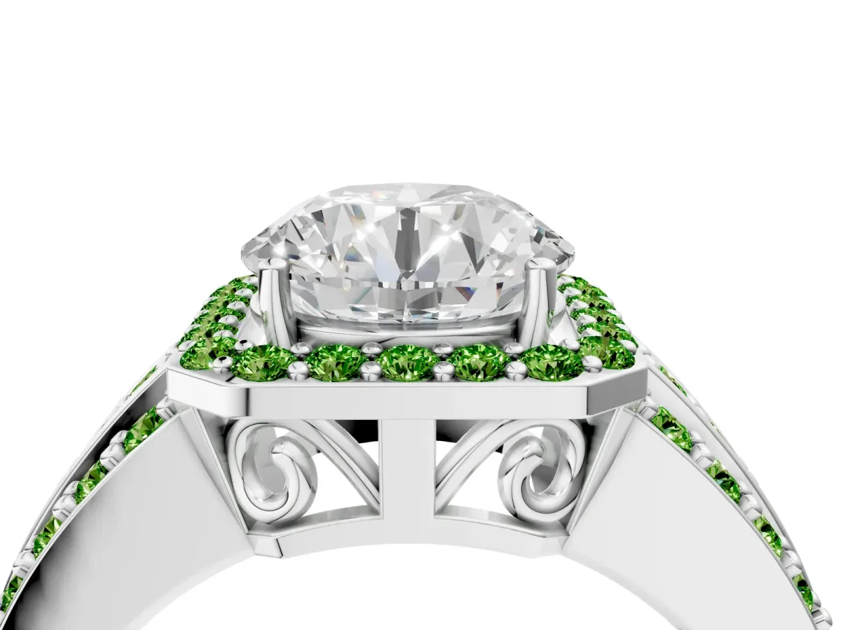 Round Cut Halo Diamond Ring with Round Peridot Split Shank and Prong Setting White gold