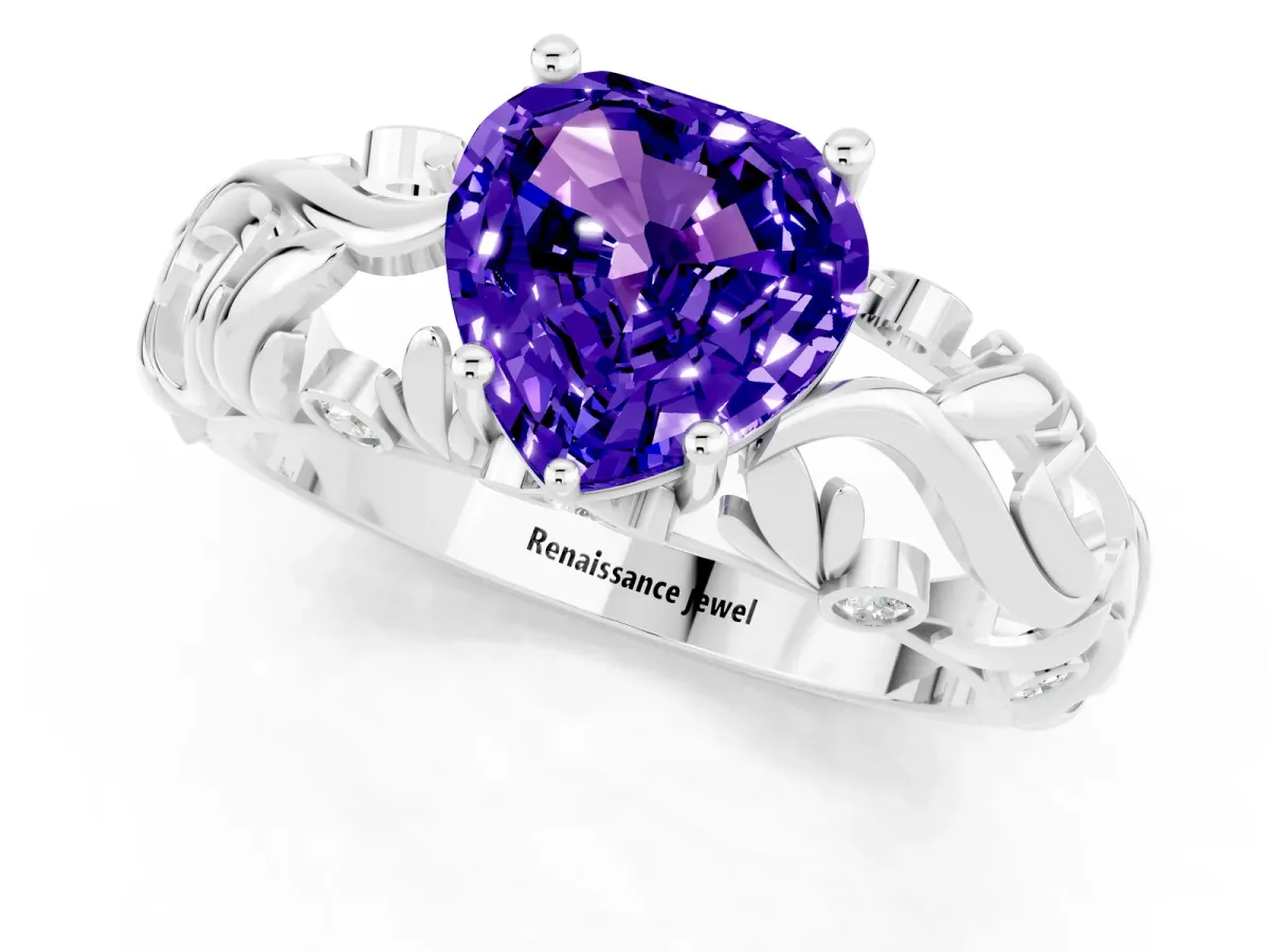 Heart Cut Solitaire Tanzanite Leaf-Inspired Vine Band Ring with Prong Setting Platinum