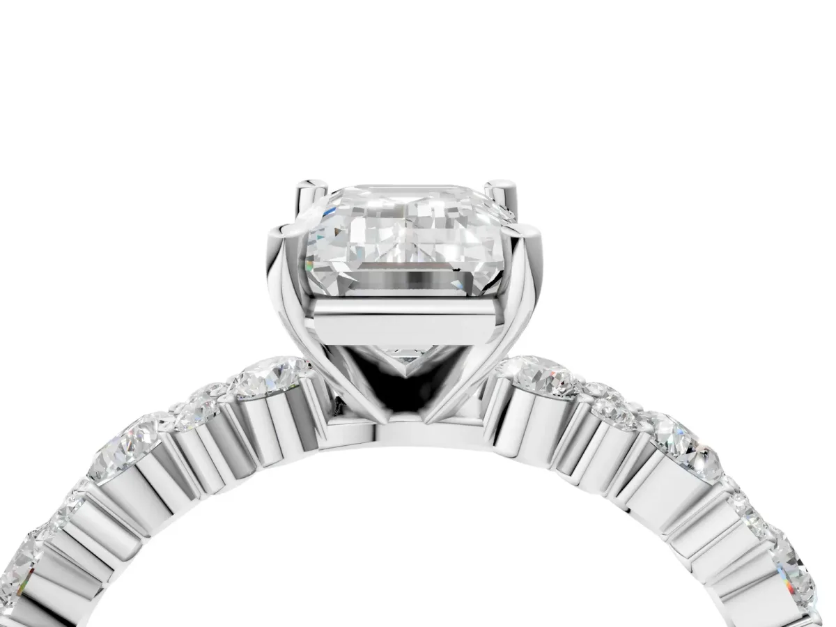 Emerald Cut Diamond Side Stone Solitaire Ring with Round Moissanite and Four-Prong Setting Platinum