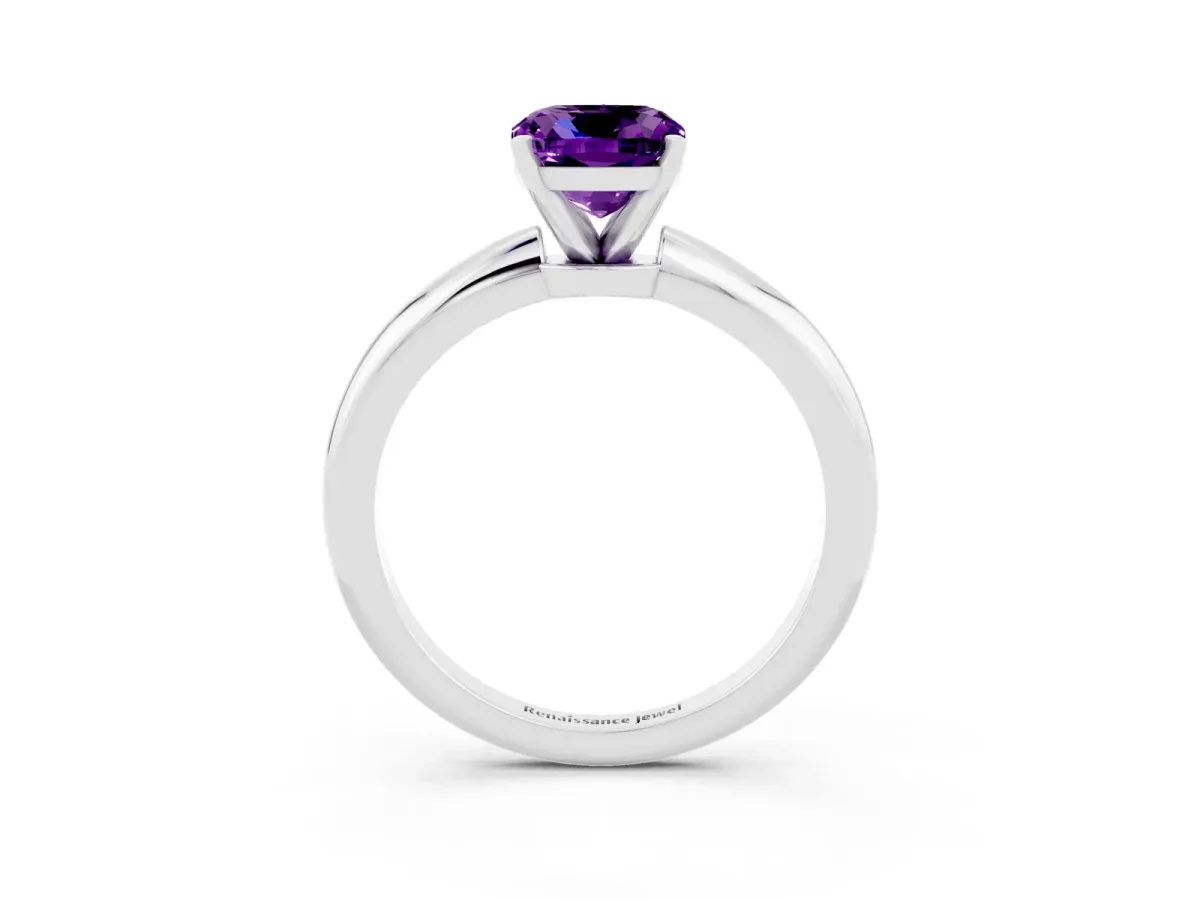 Cushion Cut Amethyst Solitaire Ring with Six-Prong Setting and Classic Band Platinum