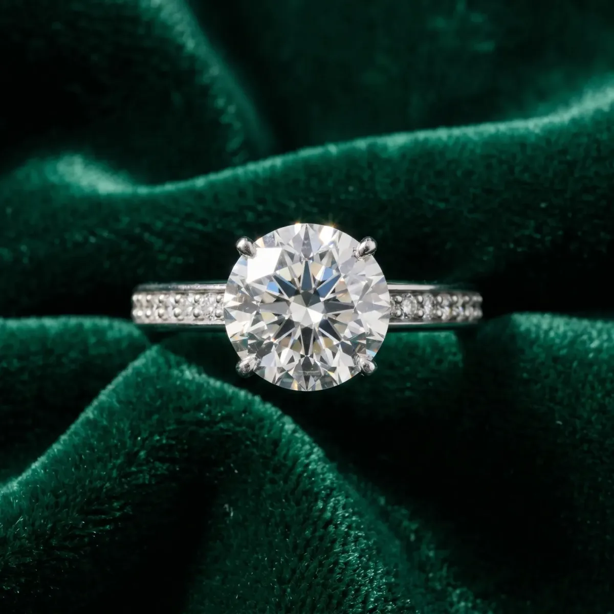 Round Cut Solitaire Pavé Band Prong Setting Ring Silver