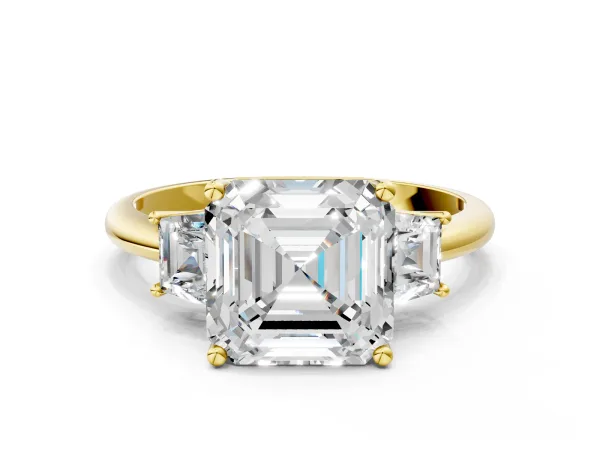 Asscher Cut Diamond Three-Stone Ring with Trapezoid Side Stones and Prong Setting Yellow gold