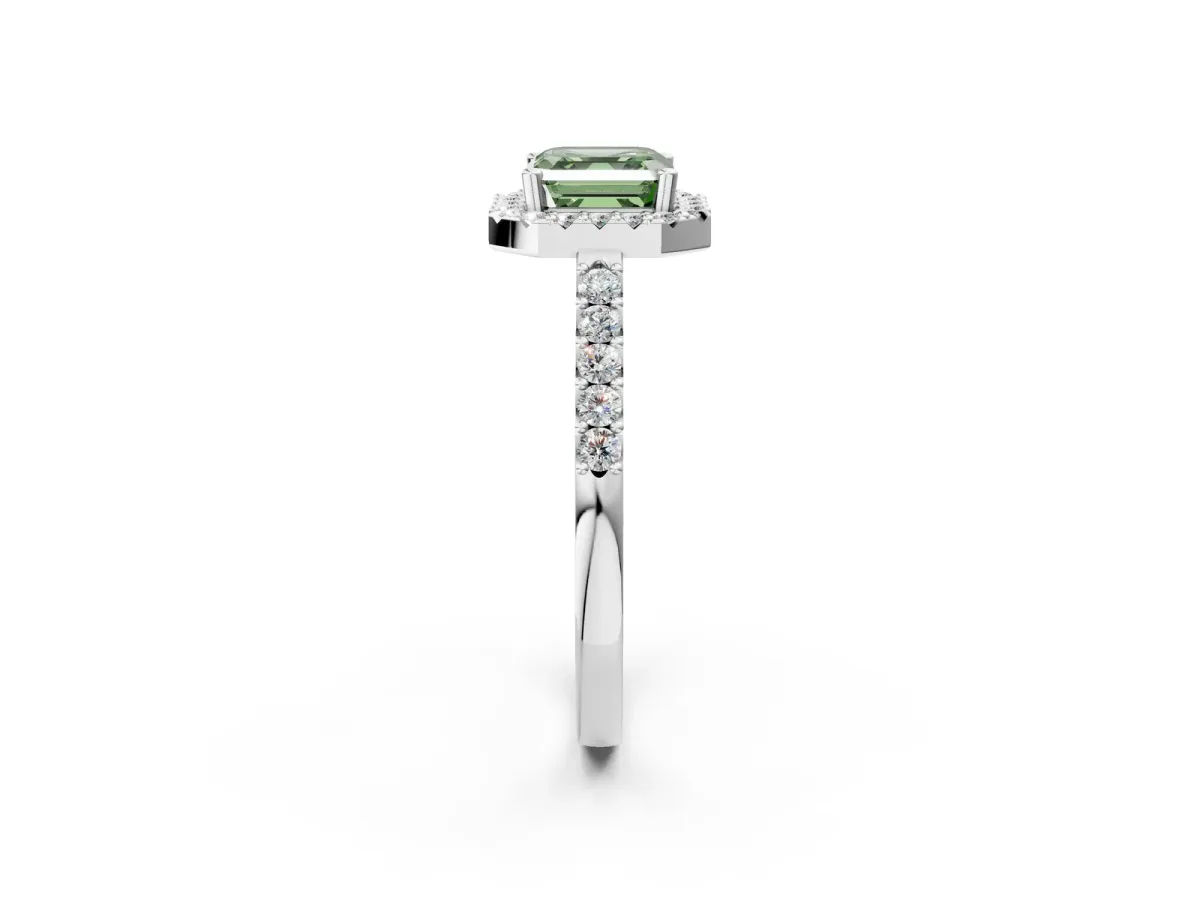 Fancy Green Asscher Cut Halo Diamond Pavé Solitaire Ring Platinum