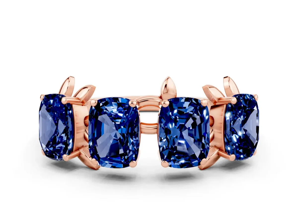 Emerald Cut Blue Sapphire Prong-Set Half Eternity Band Rose gold