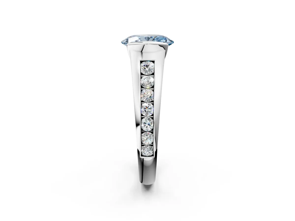 Fancy Blue Oval Cut Solitaire Bezel-Set Diamond Ring with Channel-Set Band Platinum