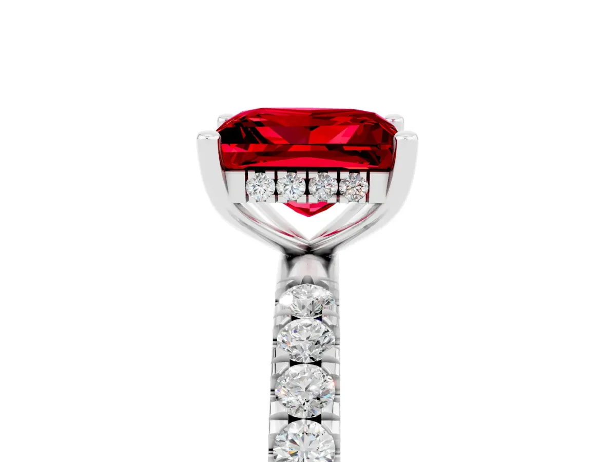 Princess Cut Ruby Pave Band Solitaire Ring with Round and Prong Setting Platinum