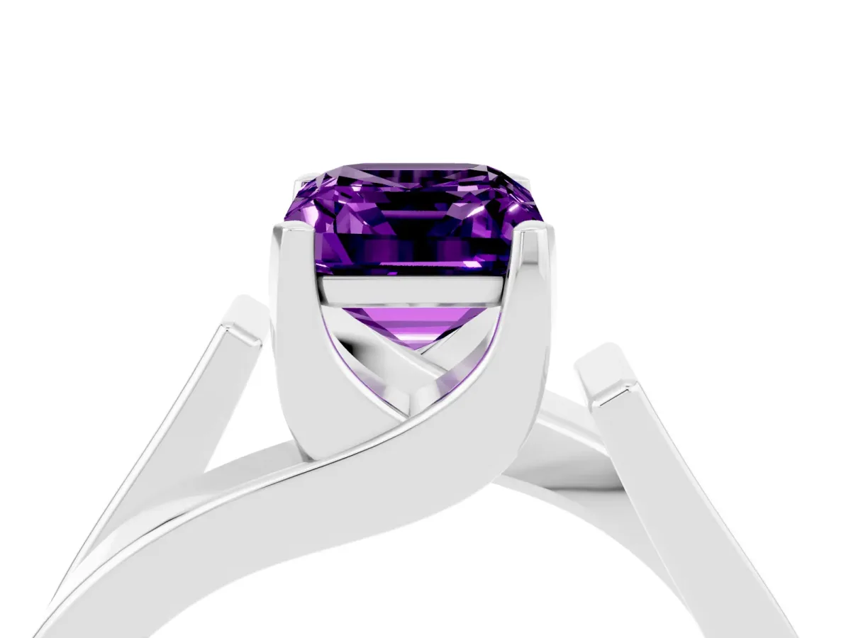 Modern Tension Set Emerald Cut Amethyst Solitaire Wide Band Ring Platinum