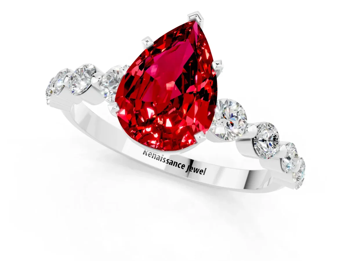 Pear Cut Solitaire Ruby Ring with Pave Band and Four-Prong Setting Platinum