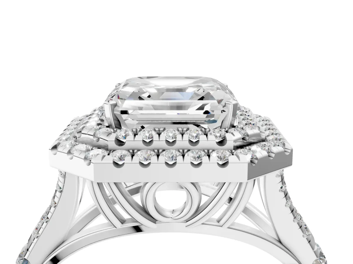 Asscher Cut Diamond Pavé Split Shank Double Halo Engagement Ring Platinum