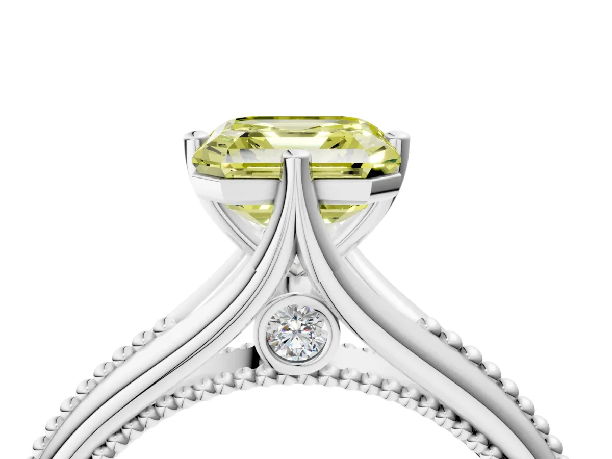 Fancy Yellow Asscher Cut Solitaire Beaded Band Six-Prong Setting Platinum