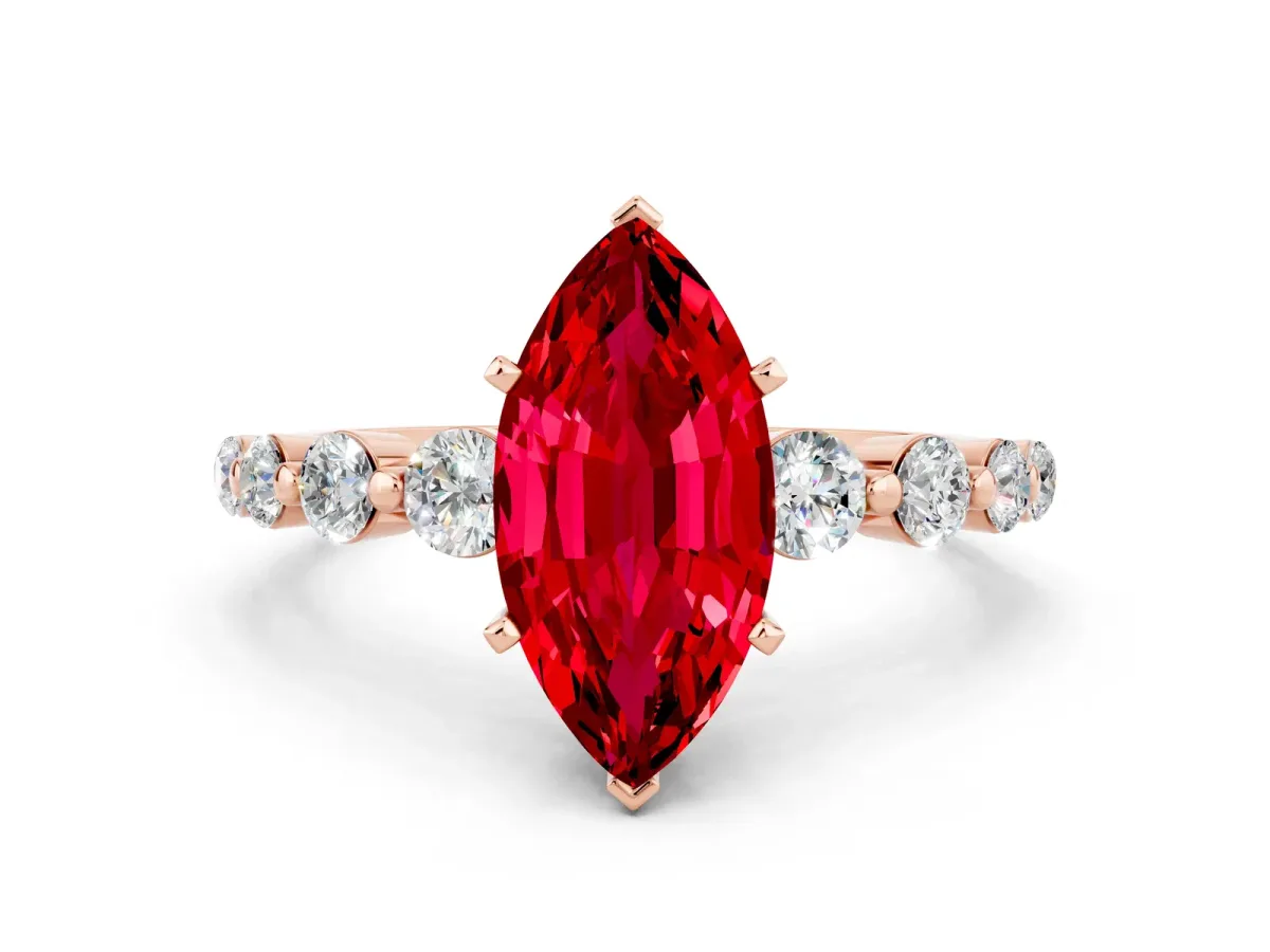 Marquise Cut Solitaire Ruby Ring with Pave Band and Four-Prong Setting Rose gold