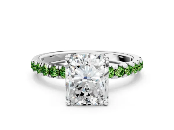 Radiant Cut Diamond Pave Band Solitaire Ring with Round Peridot and Prong Setting Platinum