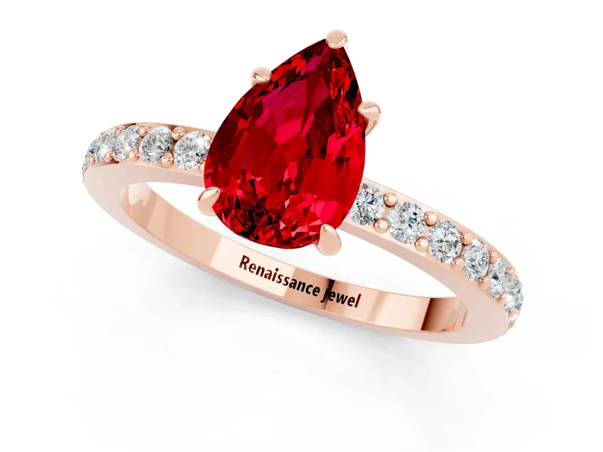 Pear Cut Ruby Solitaire Engagement Ring with Pavé Band and Four-Prong Setting Rose gold