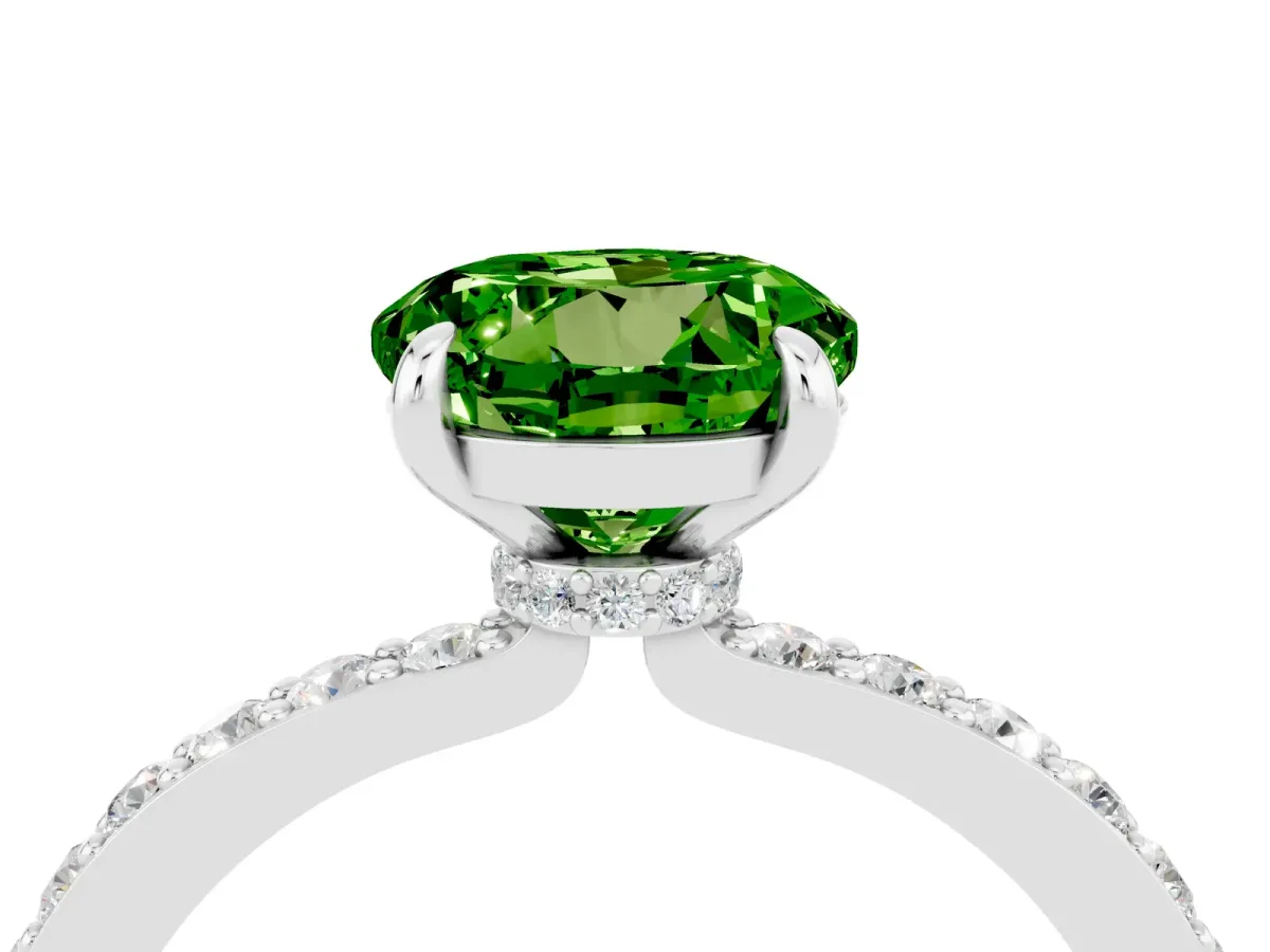Round Cut Peridot Solitaire Engagement Ring with Pavé Band and Four-Prong Setting Silver