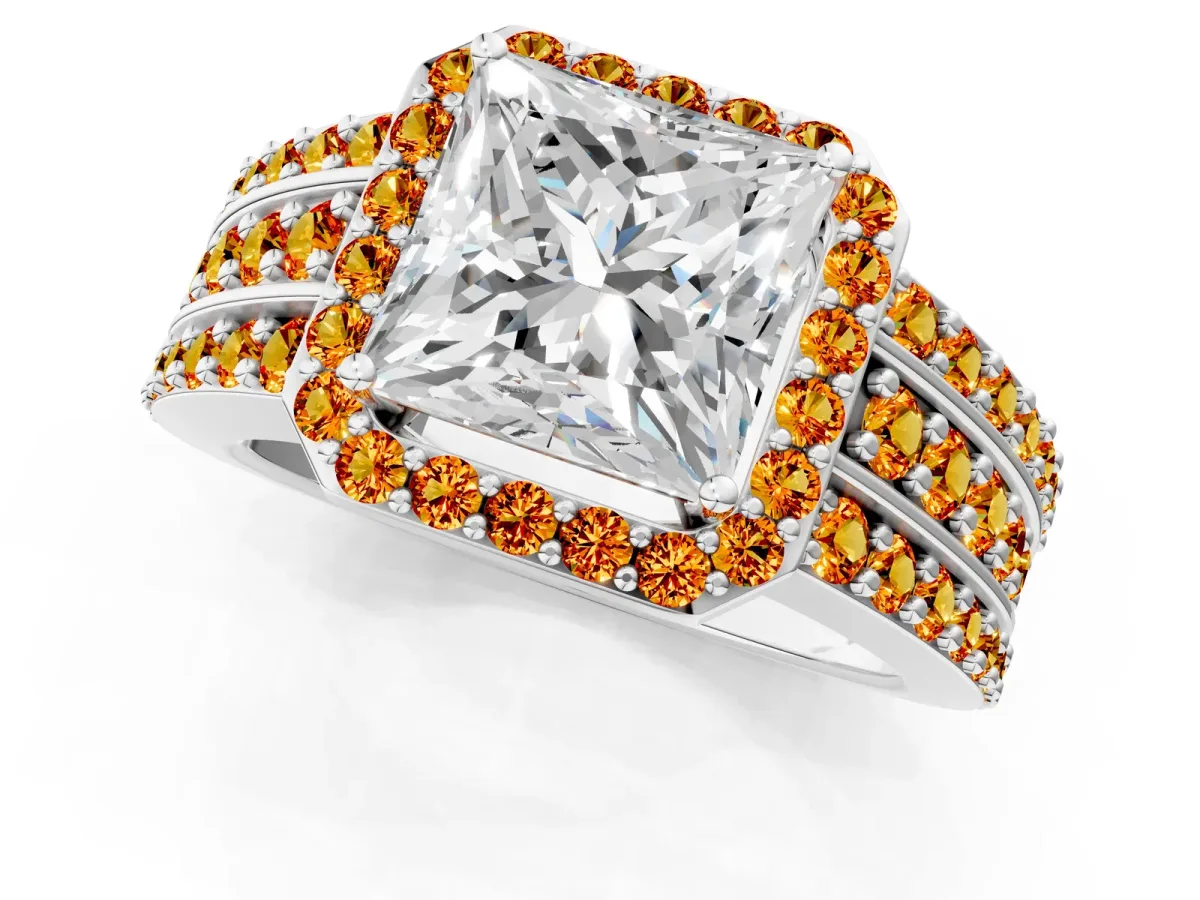 Princess Cut Halo Diamond Ring with Round Citrine Split Shank and Prong Setting Platinum