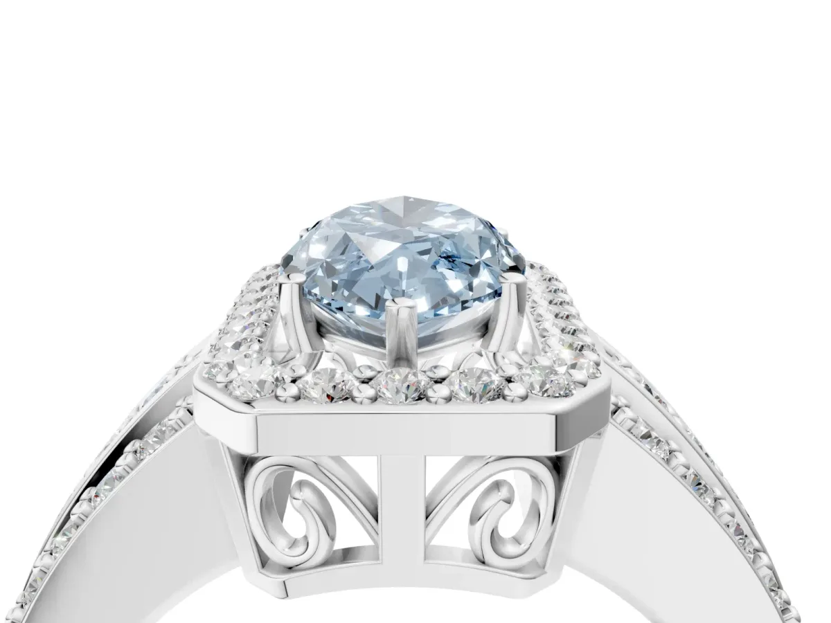 Fancy Blue Marquise Cut Halo Diamond Ring with Round Split Shank and Prong Setting Platinum