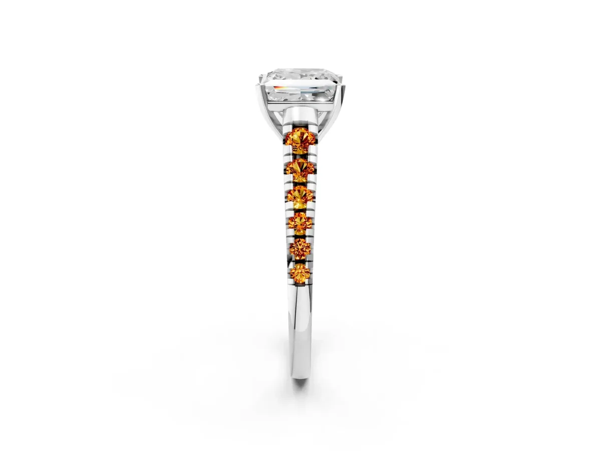 Princess Cut Diamond Cathedral Solitaire Ring with Round Citrine Pavé Band Silver