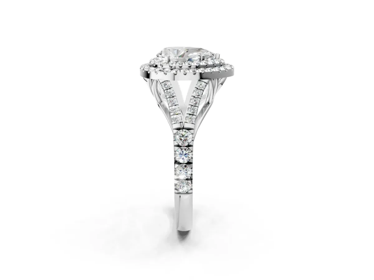 Double Halo Pear Cut Diamond Split Shank Engagement Ring with Four-Prong Setting White gold
