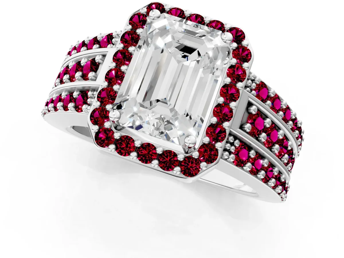 Emerald Cut Halo Diamond Ring with Round Garnet Split Shank and Prong Setting Silver