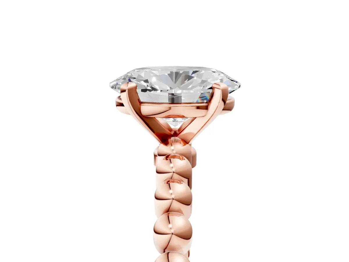Oval Cut Diamond Solitaire Ring with Beaded Band and Prong Setting Rose gold