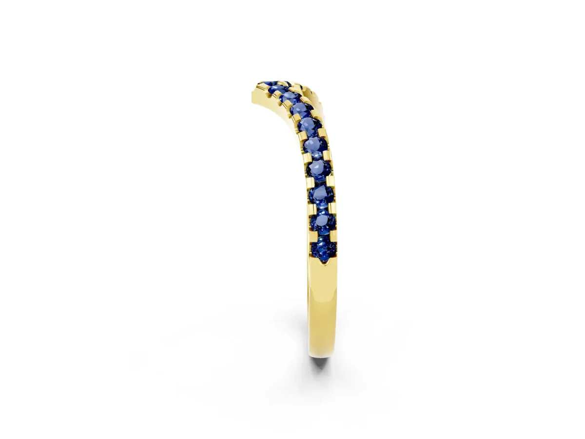 Pavé Round Blue Sapphire Chevron Band with Shared Prong Setting Yellow gold