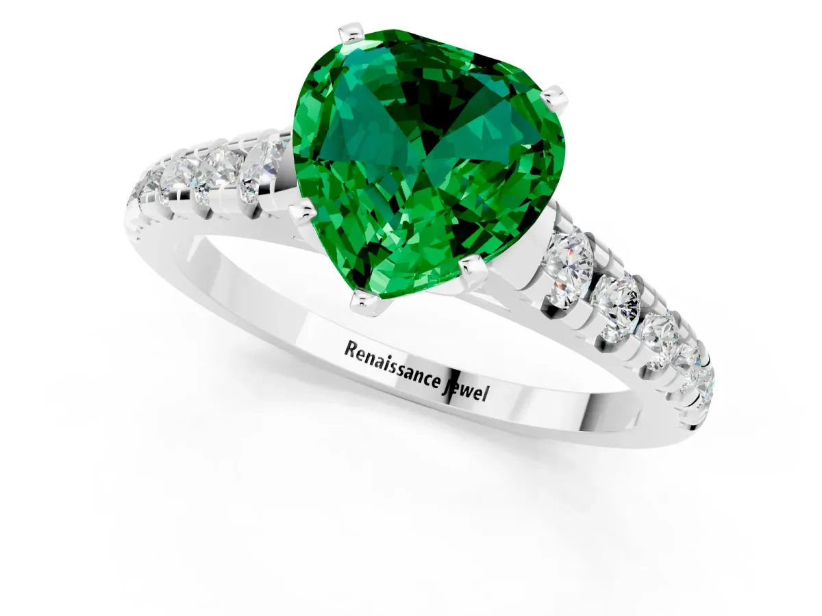 Heart Cut Emerald Cathedral Solitaire Ring with Round Pavé Band Silver