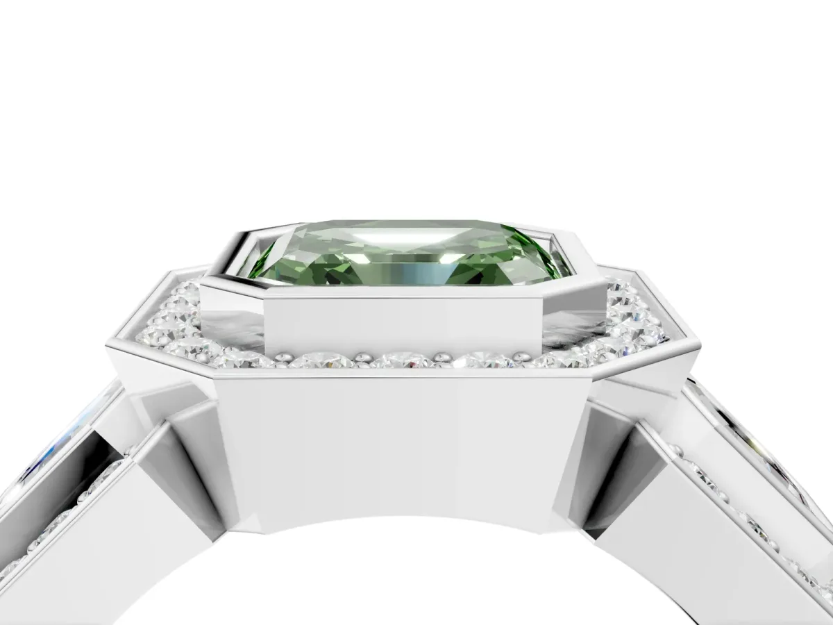 Fancy Green Three-Stone Asscher Cut Halo Pavé Diamond Ring Platinum