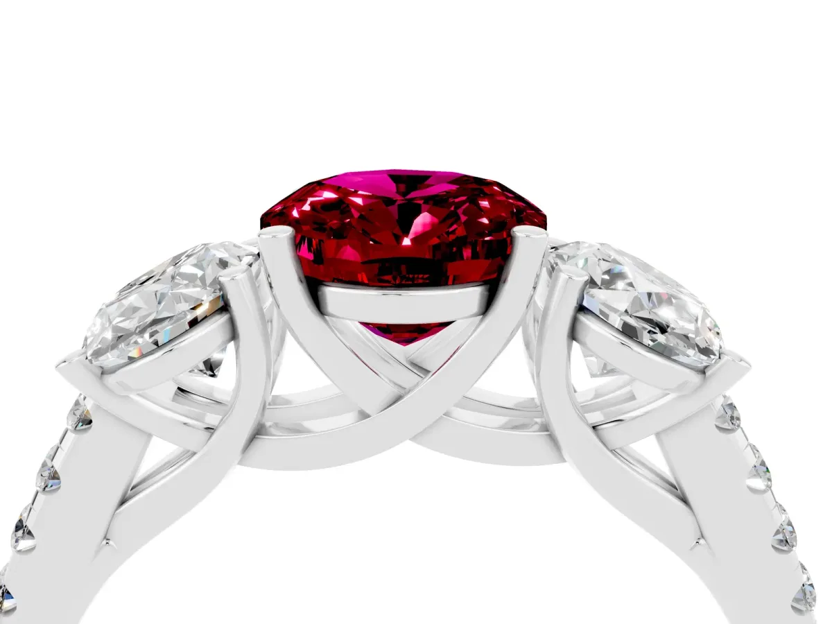 Three-Stone Oval Cut Garnet Ring with Round Pavé Band and Prong Setting Silver